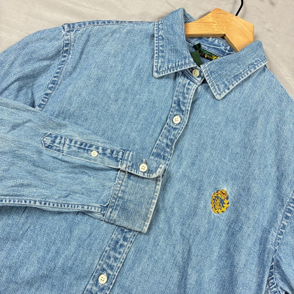 Lauren Ralph Lauren Denim Shirt Womens Medium Blue Crest Logo Button Up VTG 90s
